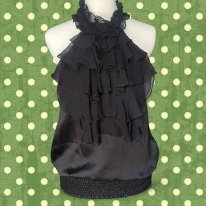 Bebe Y2K Black Silk Ruffle Sinched Halter Top